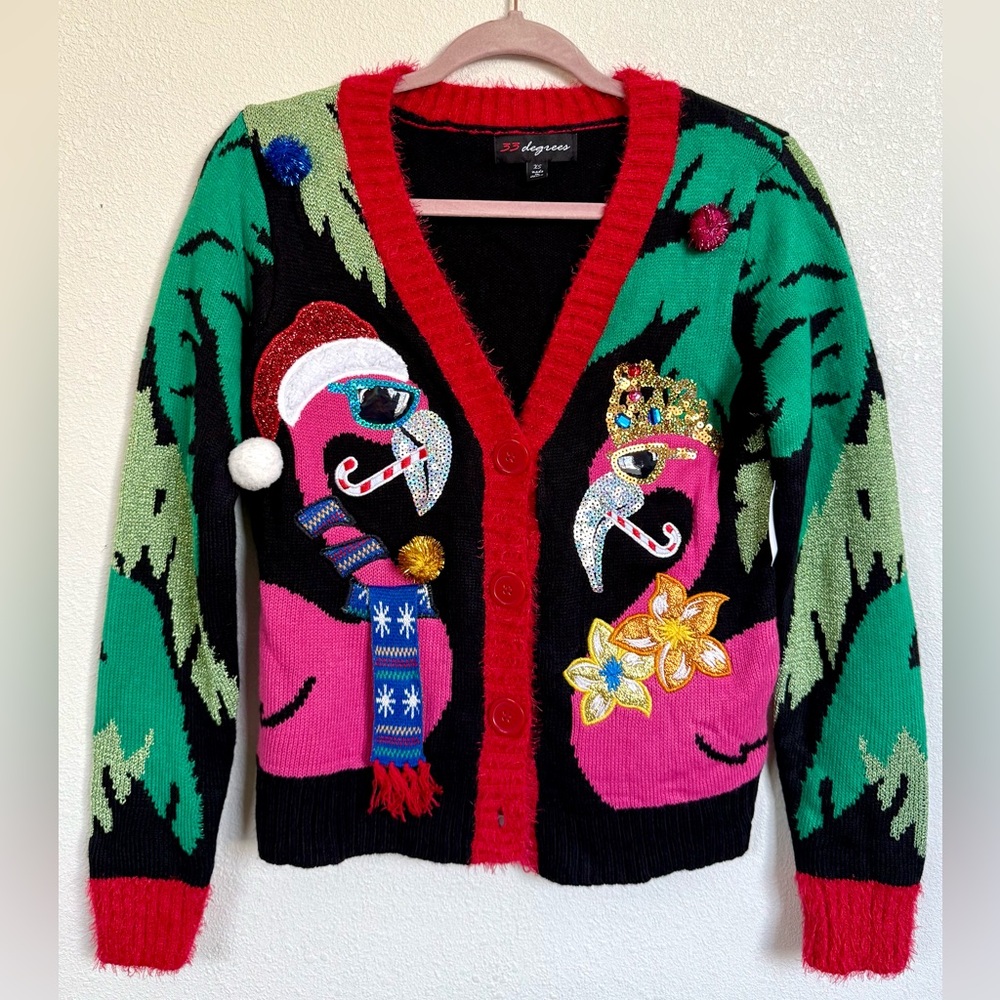 32 Degrees Black, Pink & Green Holiday Flamingo Cardigan